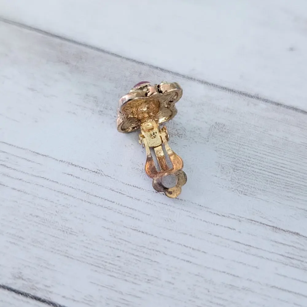 Vintage Clip On Earrings Antique Gold Tone Halo with Dark Pink Center